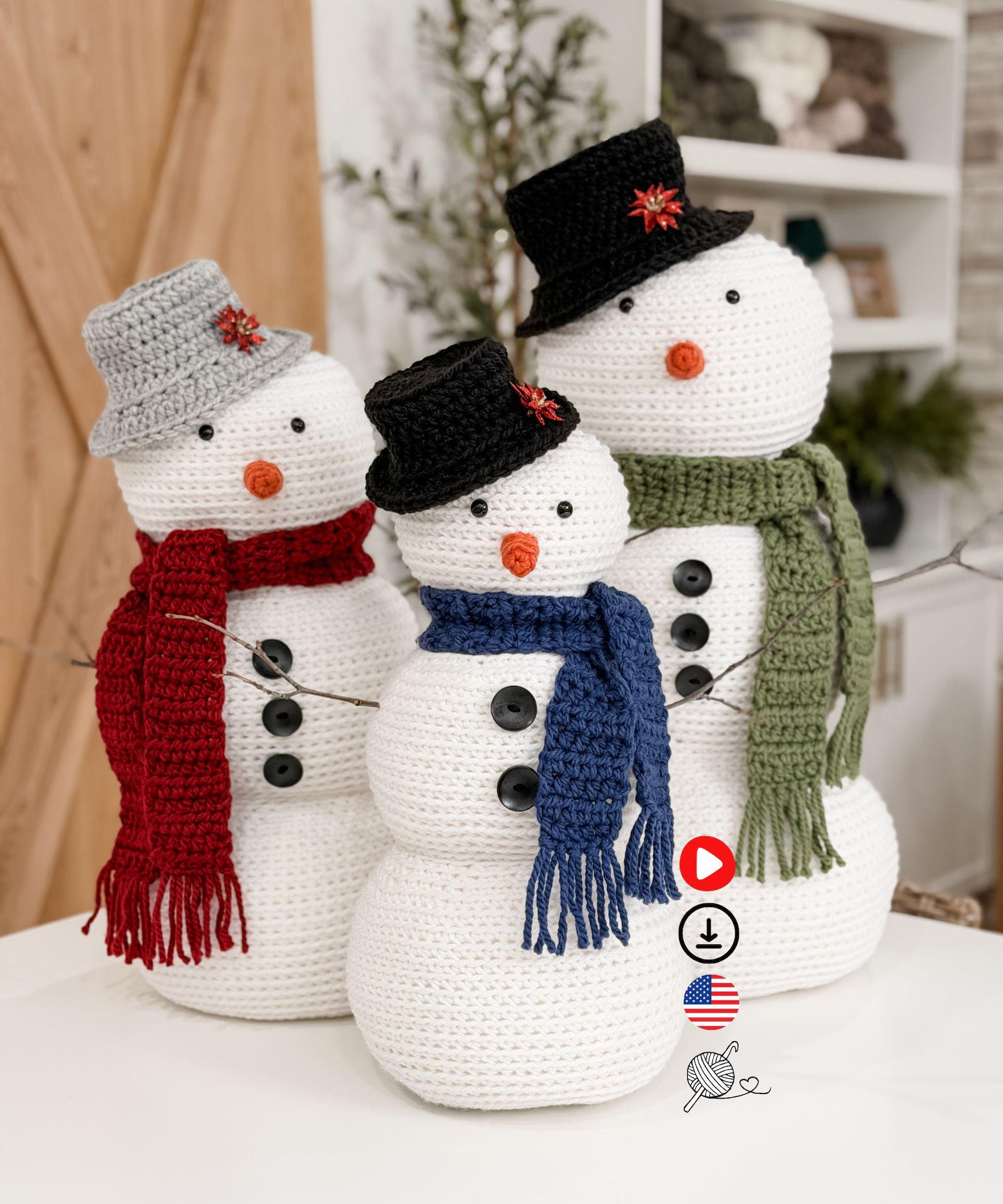 CROCHET PATTERN & VIDEO/ Jumbo Amigurumi Snowman, Crochet Snowman Pattern, 3 sizes, Winter Decor, Pdf